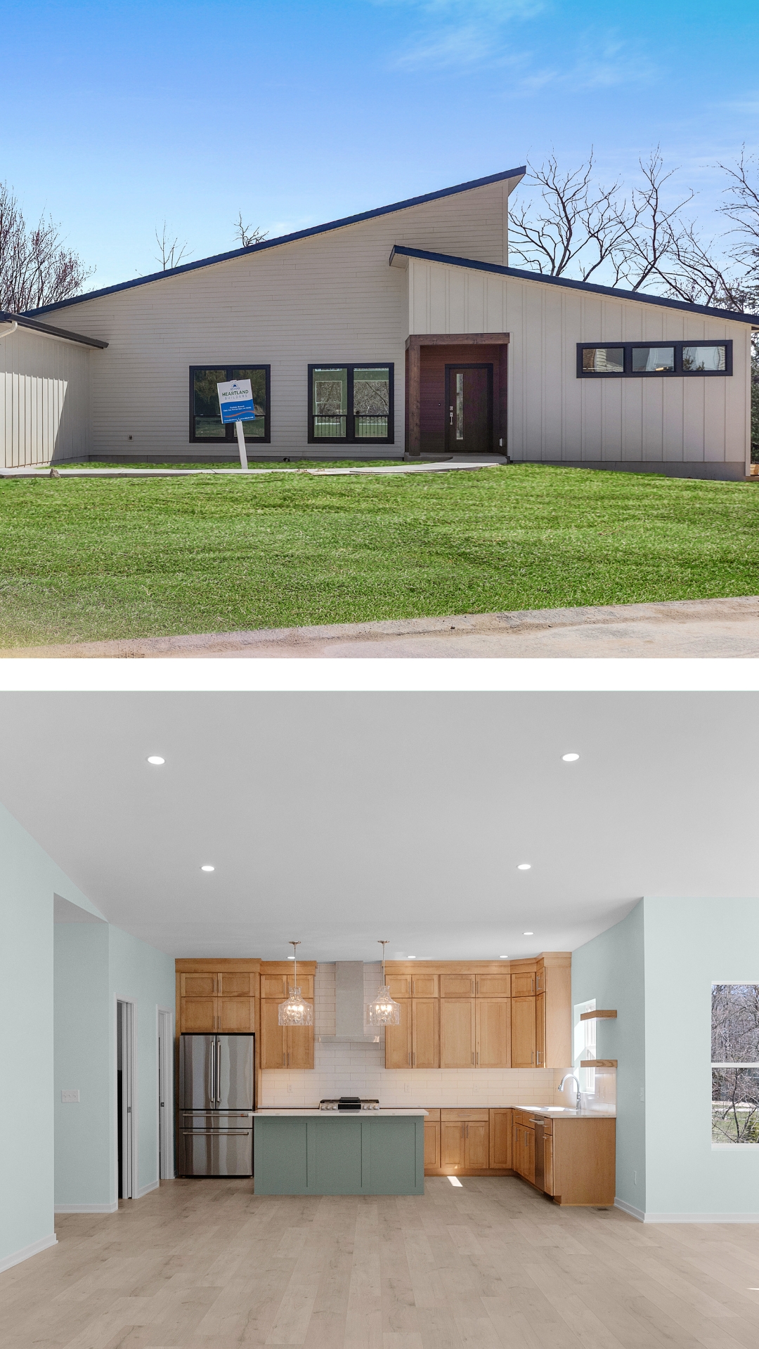 Modern home exterior and kitchen interior