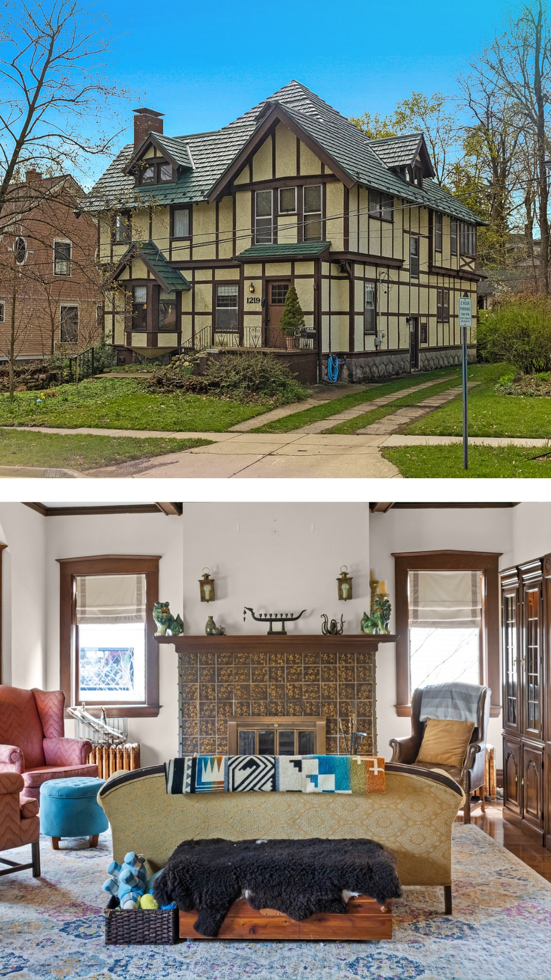 Tudor style home exterior and living room interior