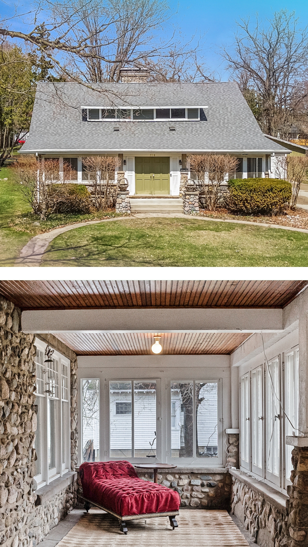 Craftsman bungalow exterior and enclosed porch interior